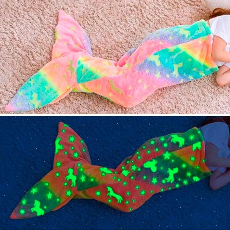 New Night Glow Mermaid Tail Blanket Soft Flannel Fleece Wearable Companion Cute Kids Blankets for All Seasons New Night Glow Mermaid Tail Blanket Soft Flannel Fleece Wearable Companion Cute Kids Blankets for All Seasons