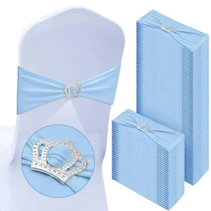100 Pcs Spandex Chair Sashes with Crown Buckle Slider Stretch Chair Bands Cover Ties for Wedding, Banquet, Gala, Corporate Event