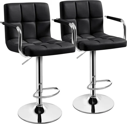 Bar Stools Set of 2, PU Leather Adjustable Swivel Barstools, Hydraulic Kitchen Counter Height Bar Chairs with Armrest and Back