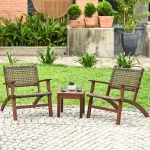 3 Pieces Patio Conversation Set, Solid Eucalyptus Wood Frame Outdoor Wicker Furniture Set Bistro Set with Coffee Table, Rattan F 3