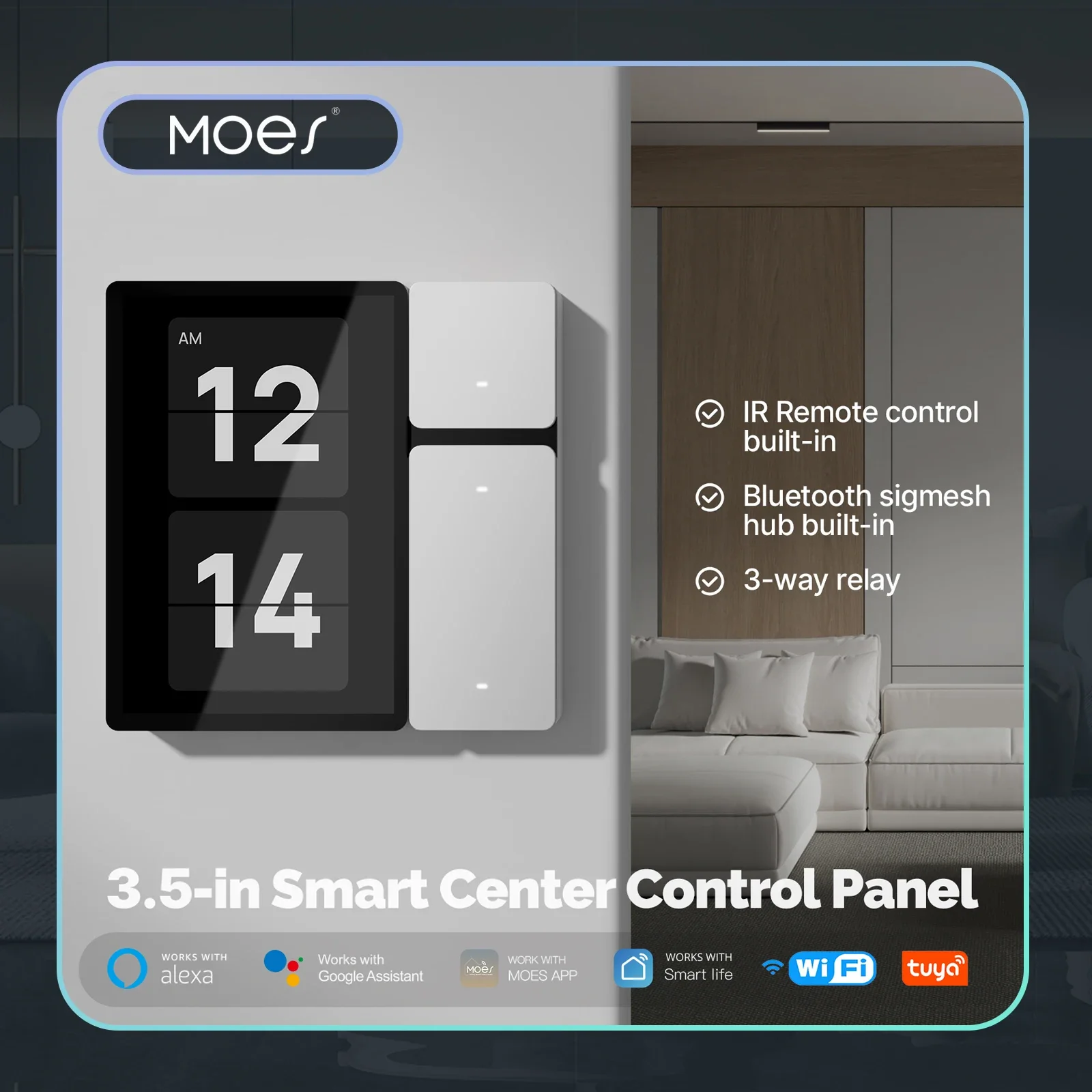 MOES Tuya WiFi Smart Control Panel 3.5" Touch Screen, 3 Relays & Buttons, IR Remote, Bluetooth Sigmesh Hub, Home Automation MOES Tuya WiFi Smart Control Panel 3.5" Touch Screen, 3 Relays & Buttons, IR Remote, Bluetooth Sigmesh Hub, Home Automation