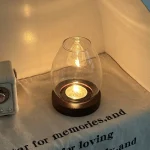 Transparent Glass Candlesticks Hollow Windproof Candle Holder Round with Wood Base Candle Cup Cover Dining Table Decoration 5