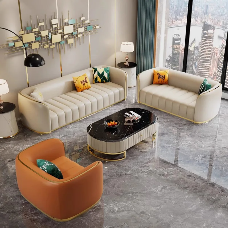 Furniture sofa Italian light luxury leather sofa small apartment living room home high-end designer straight row Furniture sofa Italian light luxury leather sofa small apartment living room home high-end designer straight row
