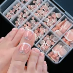 120pcs/Box French Tip Press-On Toenails Pink Color System Square Shape Foot Nails Short Length Glossy Finish False Toe Nails Set 4