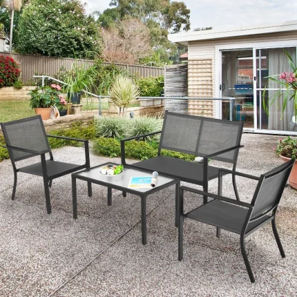 Set of 4 Patio Furniture Set Sofa Coffee Table Steel Frame Garden
