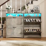 Rustic Gray Shoe Storage Cabinet, Slim Hidden Shoe Rack Organizer Cabinet, with 2 Flip Drawers & Open Storage & RGB Ligh 4