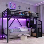 Twin XL Loft Bed Frame with Storage Stairs, Beside Shelf & Wardrobe, Metal Loft Bed Twin XL