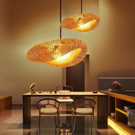 HandMade Vintage Bamboo Weaving LED Pendant Light Home Hanging Chandelier Lighting Living Room Kitchen Rattan Woven Lamp
