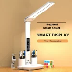 LED Table Lamp Double-Headed USB Chargeable Dimmable Desk Lamp with Calendar Clock Foldable Eye Protection Reading Night Light 3
