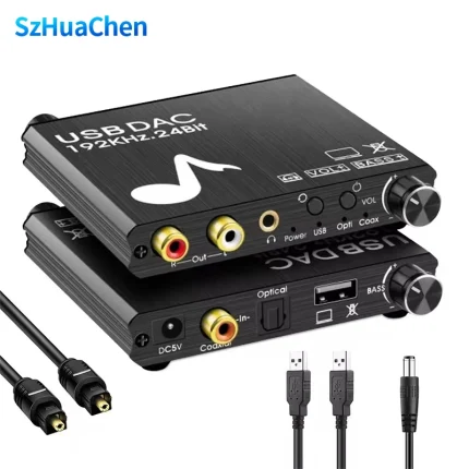 USB DAC 192kHz 24Bit Digital to Analog Converter with Bass&Volume Control Coaxial Toslink Stereo L/R RCA