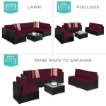 7-piece modular outdoor sectional wicker patio conversation set w/ 2 pillows, coffee table, cover included - black/deep burgund 3