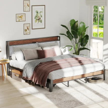 JHK King Size Soft Pack Heavy Duty Metal Bed Frame with Headboard Charging Station 1100lbs Capacity Easy Assembly For Bedroom