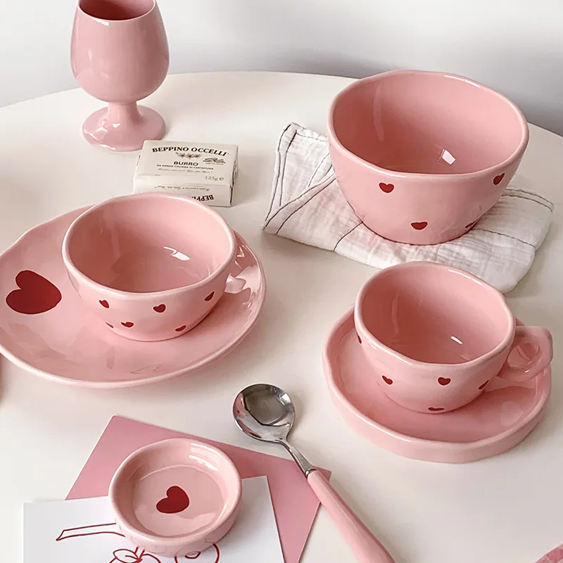 Salad Bowl Pink Heart Pattern Ceramic Plate Coffee Cup Children Dessert Bowl Household Cute Dinner Plates Restaurant Tableware Salad Bowl Pink Heart Pattern Ceramic Plate Coffee Cup Children Dessert Bowl Household Cute Dinner Plates Restaurant Tableware