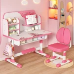 2Pcs/Set Premium Kids Study Desk Chair Set Height Adjustable Children School Study Table Chair Set Pattern Bookshelf And Drawer 2