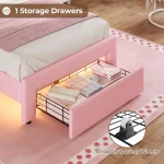 Twin Size Girl Bed with Storage Drawer & LED Lights, Upholstered Platform Bed, Adjustable Headboard with Velvet Crystal Button P 4