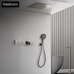 Luxury Bathroom Gunmetal Brass LED Temp Display Shower Sysetem Ceiling- Embedded 2 function Rainfall/waterfall Bath Fixtures