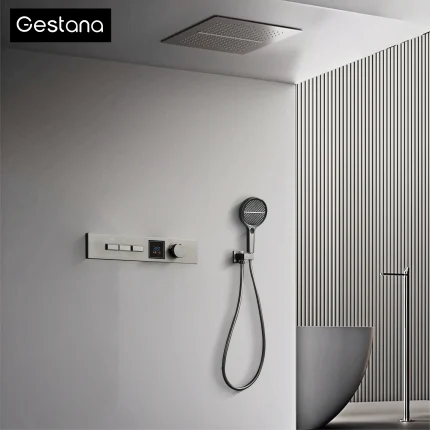 Luxury Bathroom Gunmetal Brass LED Temp Display Shower Sysetem Ceiling- Embedded 2 function Rainfall/waterfall Bath Fixtures