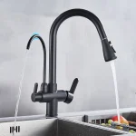 Purification Water Kitchen Faucet Black 360° Rotating Filter Water Faucets Pull Out Sprayer 3 Ways Hot Cold Water Mixer Tap 5
