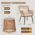 3 Piece Outdoor Wicker Bistro Set, Patio Conversation Sets w/2 Large Rattan Chairs and Tempered Glass Table, Patio Furniture 2
