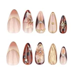 24Pcs Gold Ripple Brown Flowers False Nails with Rhinestones Pearl Design Wearable Almond False Nails Full Cover Press on Nails 3