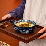Bohemian Ceramic Hand-Painted Embossed Patterned Salad Bowl with Handle Kitchen Bakeware Microwave & Oven Safe 1 pc 2