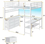 Loft Bed Full Size with U-Shaped Desk, 6 Storage Drawers, Power Outlet, LED Metal Loft Bed with 2 Storage Shelves,White 3