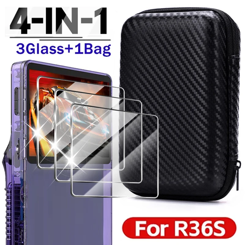 4 IN 1 Case+Glass for R36S Game Console Travel Carrying Storage Bag & Screen Protectors Tempered Glass Film for R36S Accessories 4 IN 1 Case+Glass for R36S Game Console Travel Carrying Storage Bag & Screen Protectors Tempered Glass Film for R36S Accessories