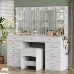 55" W Vanity Desk, Makeup Vanity with Charging Station, 15 Drawers with Lighted Mirror, 3 Lighting Modes, Brightness 2