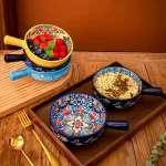 Bohemian Ceramic Hand-Painted Embossed Patterned Salad Bowl with Handle Kitchen Bakeware Microwave & Oven Safe 1 pc 4
