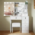White LED Dressing Makeup Table Bedroom Vanity Set with LED Mirror Stool Drawers 5