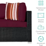 7-piece modular outdoor sectional wicker patio conversation set w/ 2 pillows, coffee table, cover included - black/deep burgund 5