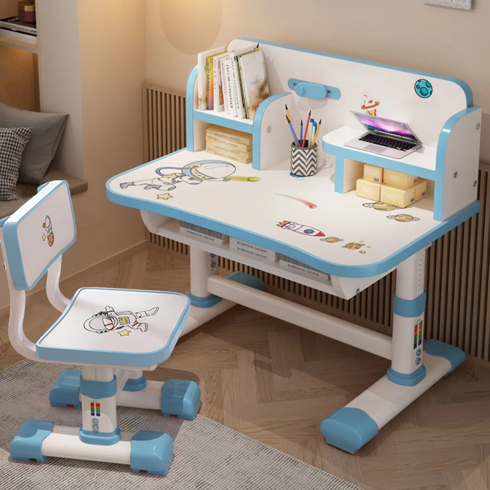 Adjustable Kids Desk and Chair Set Height Children School Study Table Chair Set Desk Chair with Writing Board, Bookshelf Adjustable Kids Desk and Chair Set Height Children School Study Table Chair Set Desk Chair with Writing Board, Bookshelf