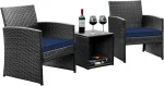 3-Piece Wicker Patio Furniture Set with Table and 2 Chairs, Waterproof Outdoor Seating in Grey/Navy