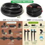 Drip Irrigation System Kit with 33Ft 1/2 Inch Tubing, 200Ft 1/4 Inch Tubing Automatic Irrigation Equipment Locked Fittings 2