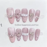 10pcs Purple Cat's Eye Handmade Fake Nails Tips Glitter Mid-length Oval Press on Nails Art Bow Rhinestone Design False Nail Sets 5