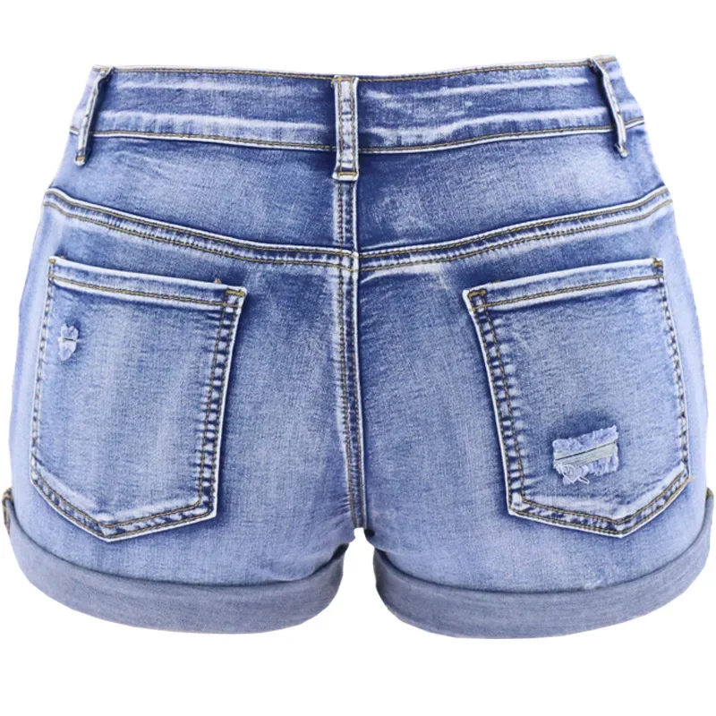 Women's Split Denim Shorts Summer Beach Wild Fashion Sexy Mid Waist Curled Cuff Perforated Elastic Slim Fit Casual Shorts