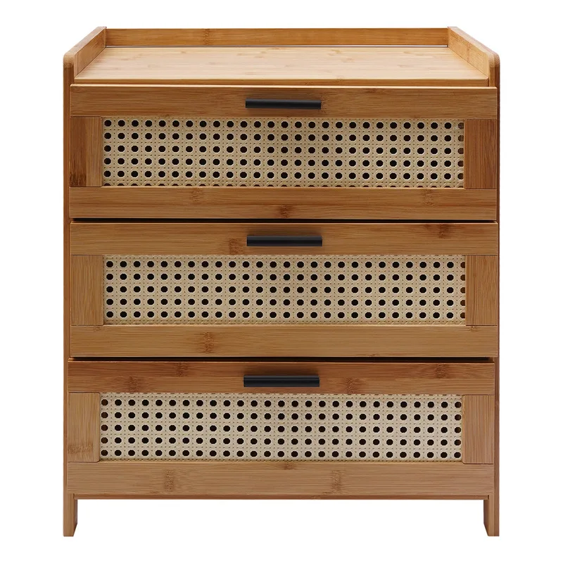 3- Drawer Bamboo Wood Bedside Table Nightstand Storage Cabinet Bedroom Bedside End Table Furniture