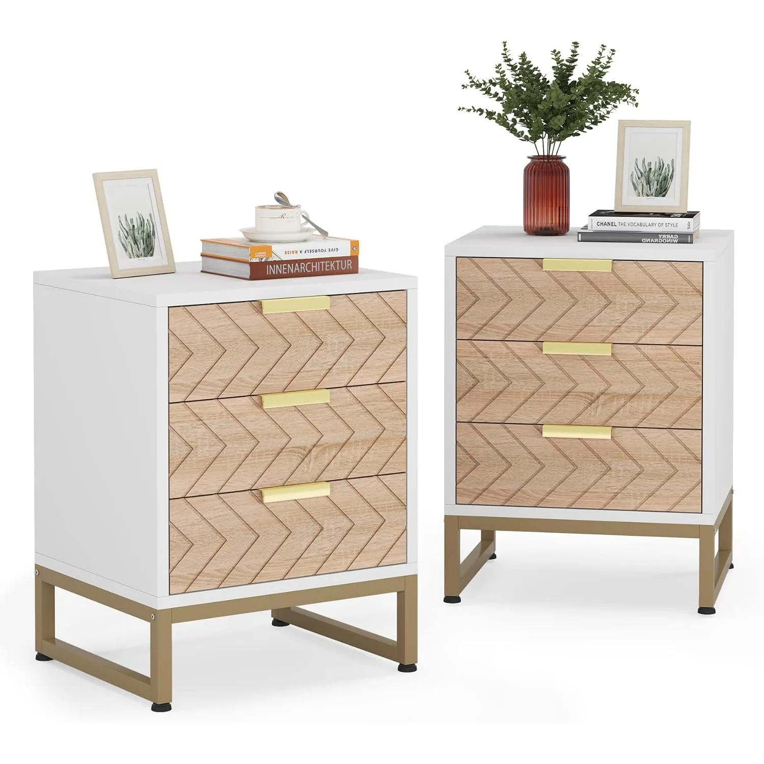 3 Drawers Nightstand, Modern Bedside Table with Unique Chevron Design, White End Side Table Night Stands for Bedroom