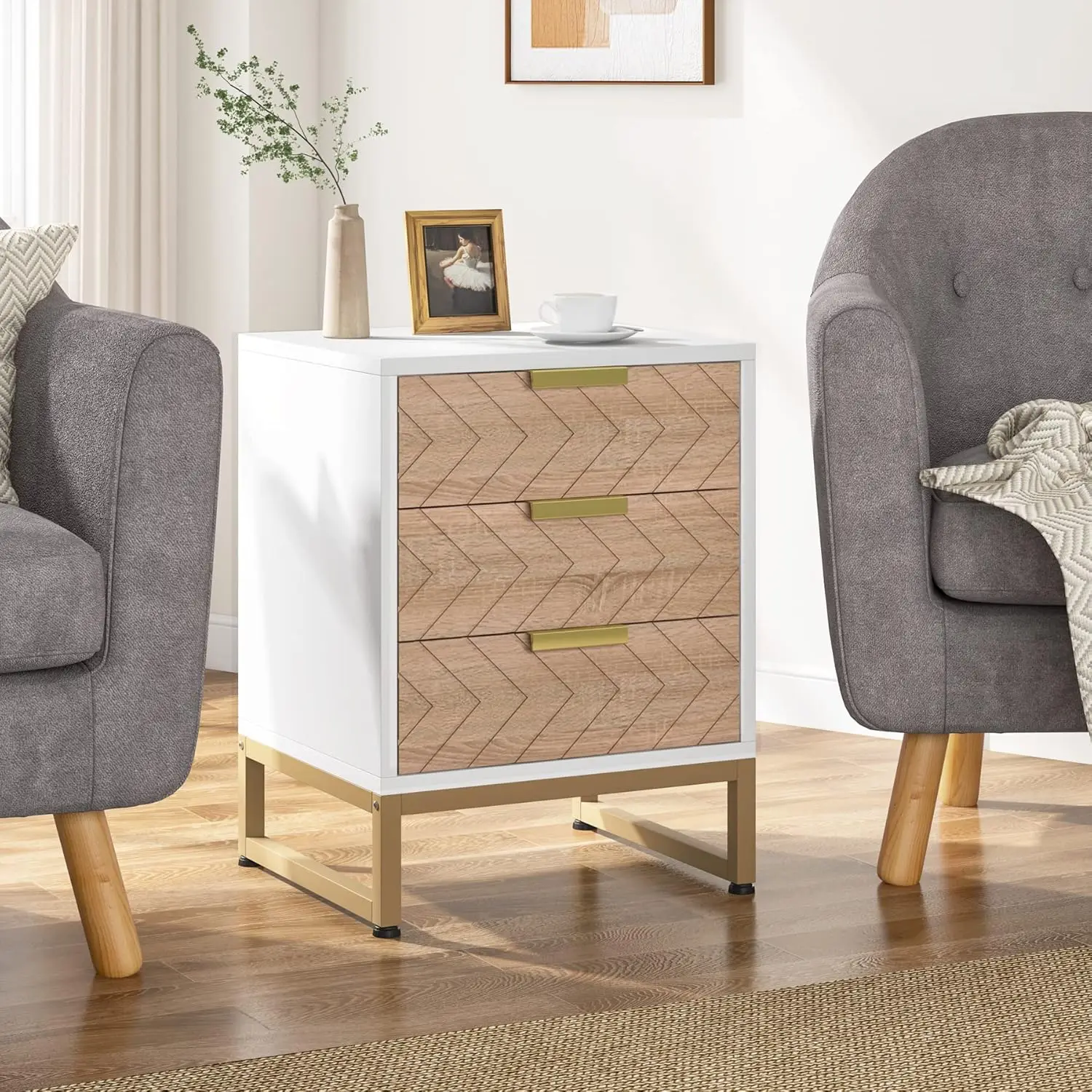 3 Drawers Nightstand, Modern Bedside Table with Unique Chevron Design, White End Side Table Night Stands for Bedroom