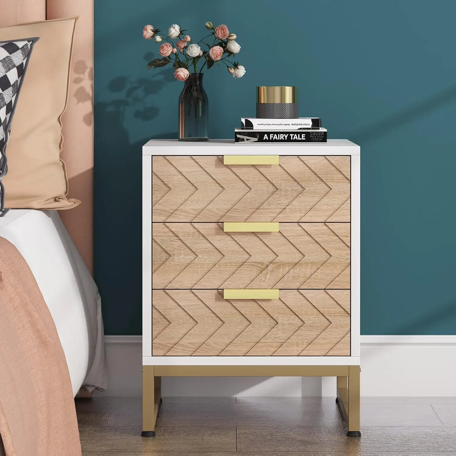 3 Drawers Nightstand, Modern Bedside Table with Unique Chevron Design, White End Side Table Night Stands for Bedroom