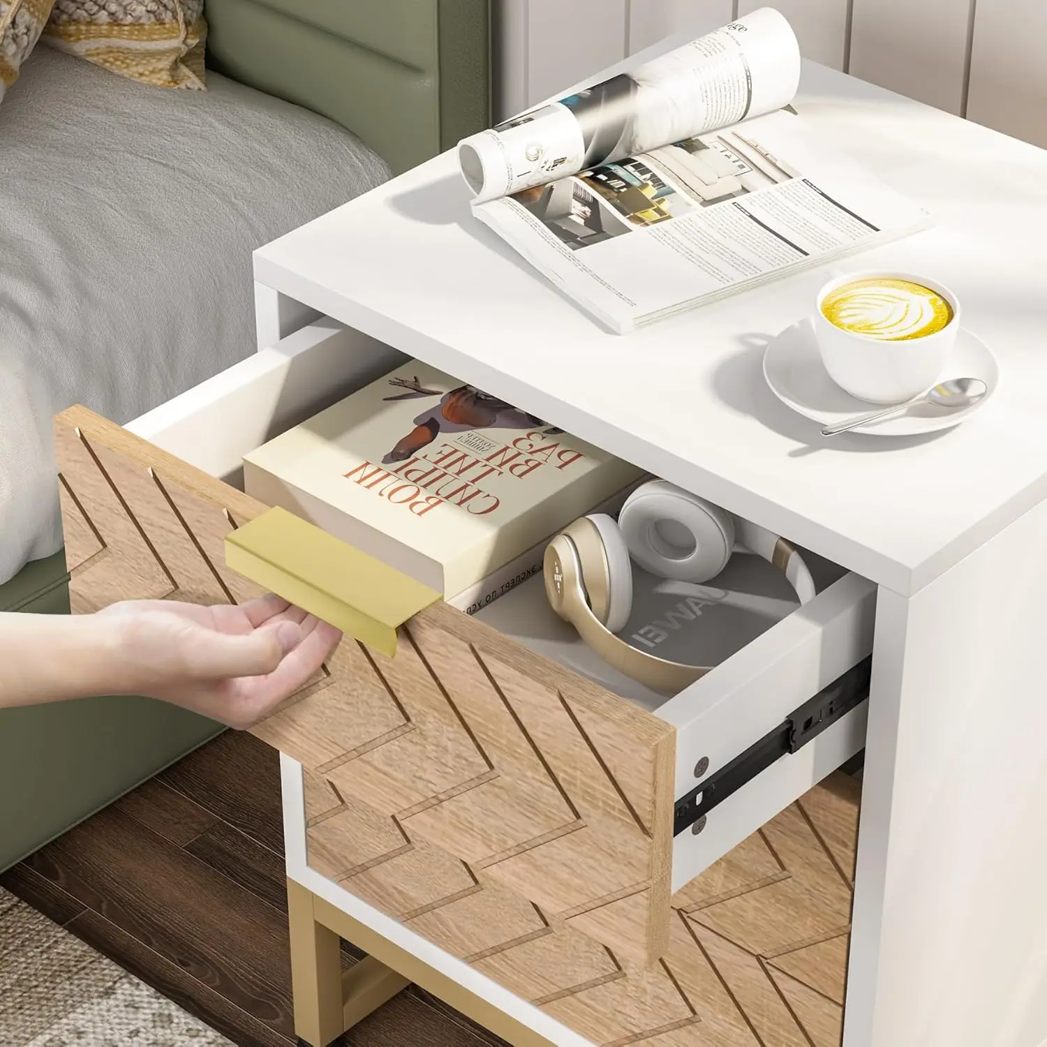 3 Drawers Nightstand, Modern Bedside Table with Unique Chevron Design, White End Side Table Night Stands for Bedroom