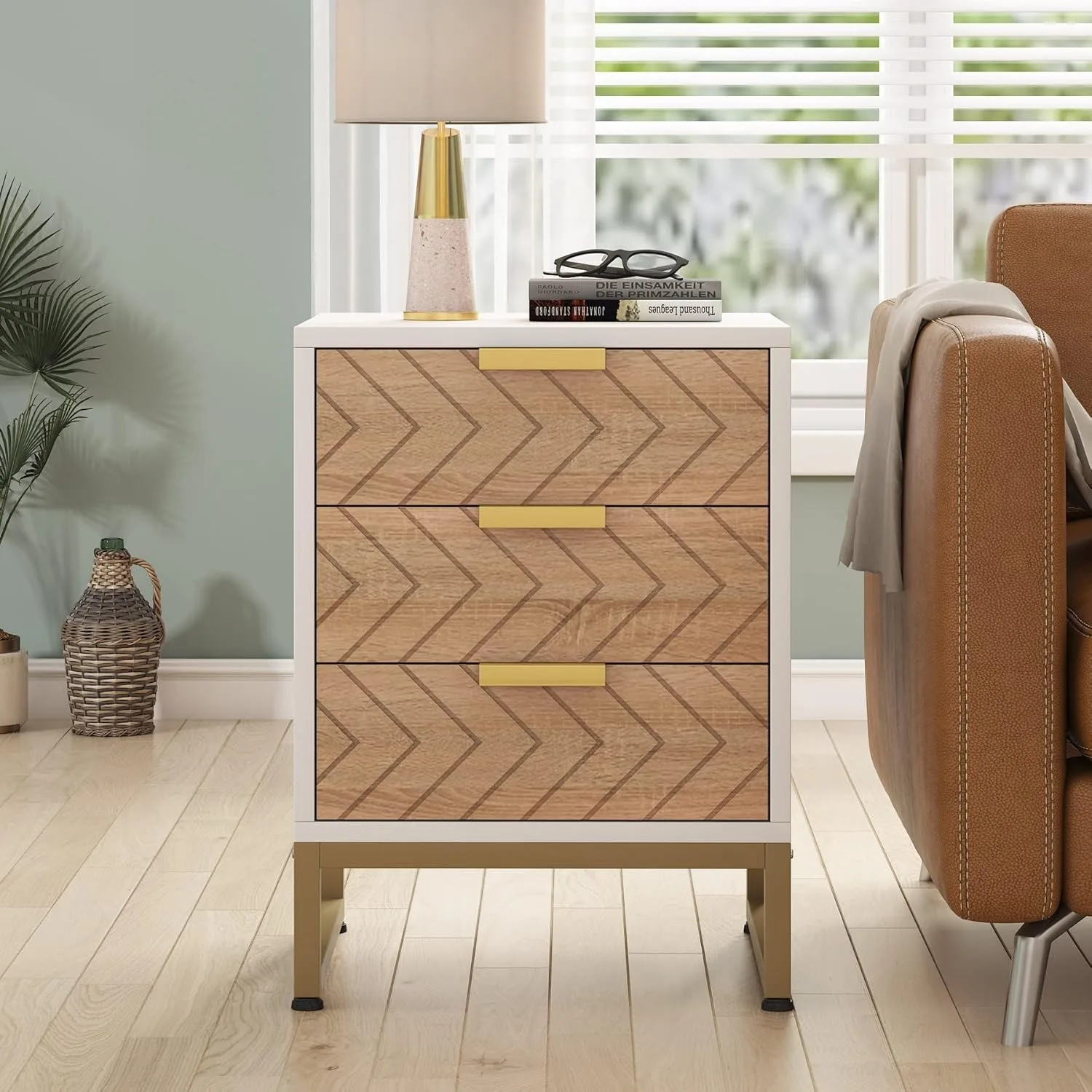 3 Drawers Nightstand, Modern Bedside Table with Unique Chevron Design, White End Side Table Night Stands for Bedroom