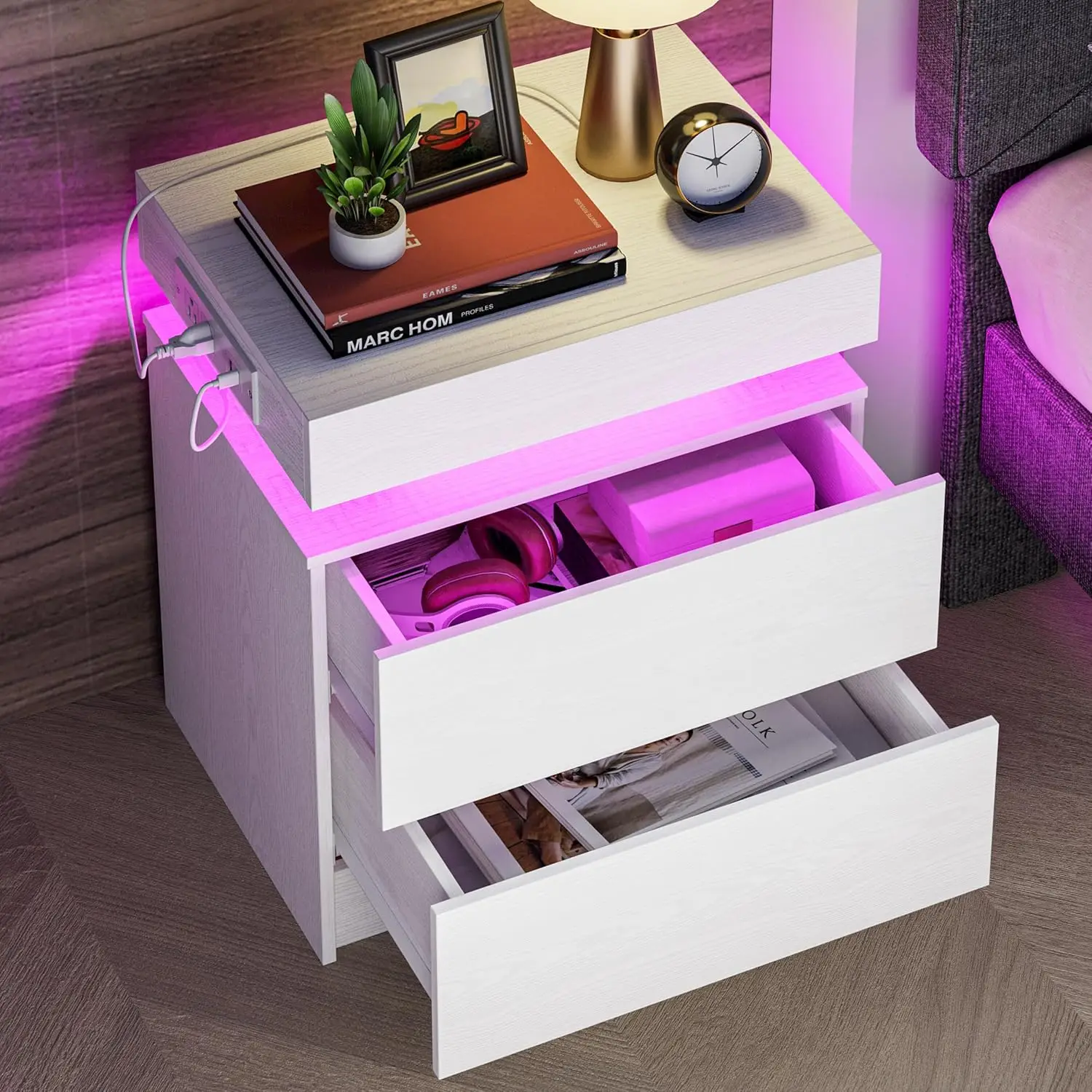 LIKIMIO Night Stand with Charging Station, Modern Nightstand with LED Light and Drawers, Bedside Tables/End Table for Bedroom