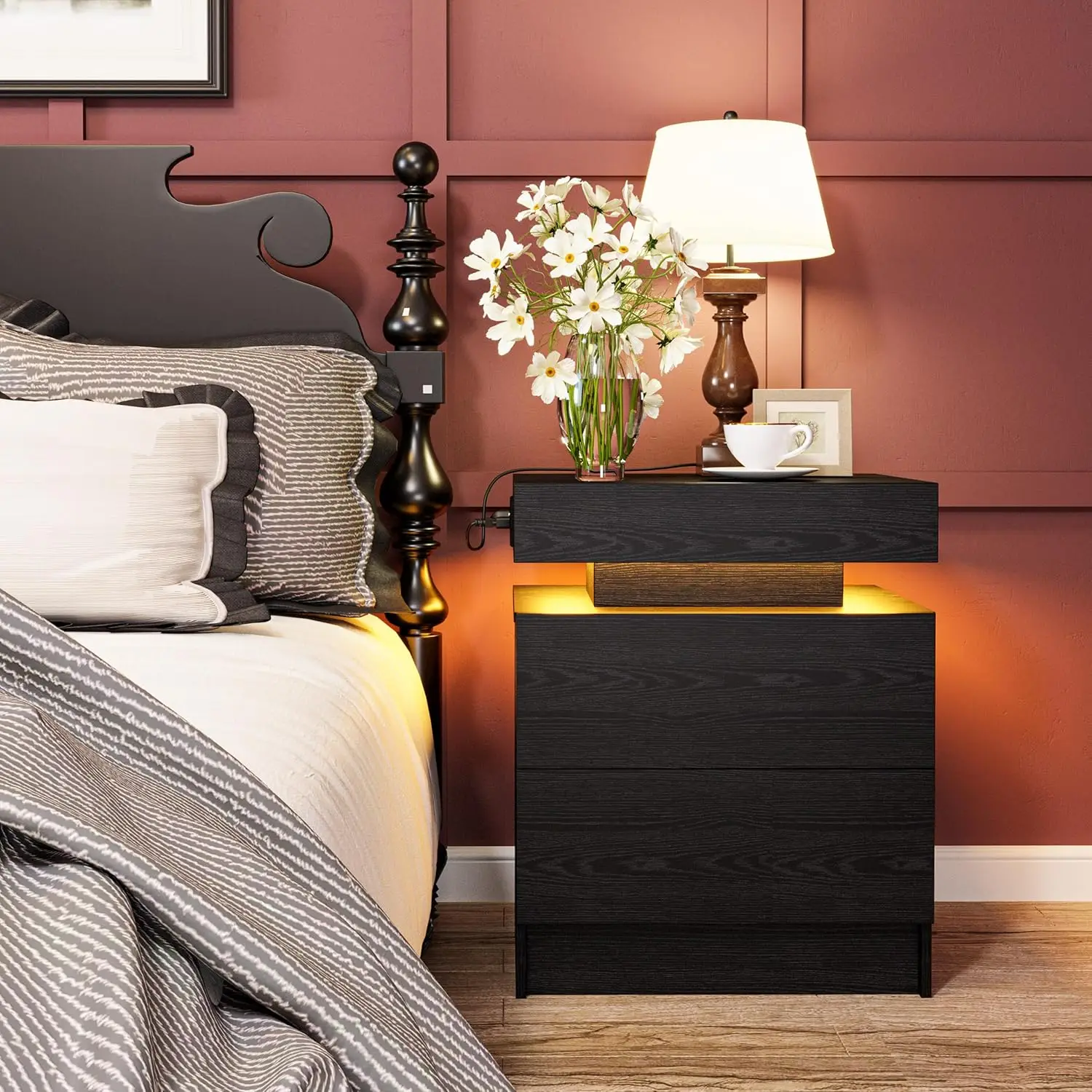 LIKIMIO Night Stand with Charging Station, Modern Nightstand with LED Light and Drawers, Bedside Tables/End Table for Bedroom