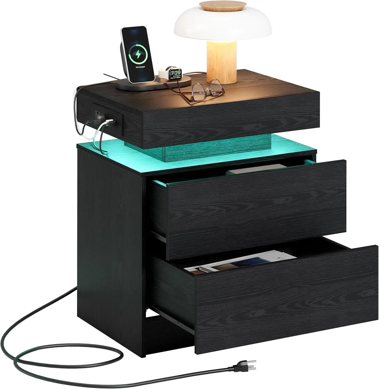 LIKIMIO Night Stand with Charging Station, Modern Nightstand with LED Light and Drawers, Bedside Tables/End Table for Bedroom