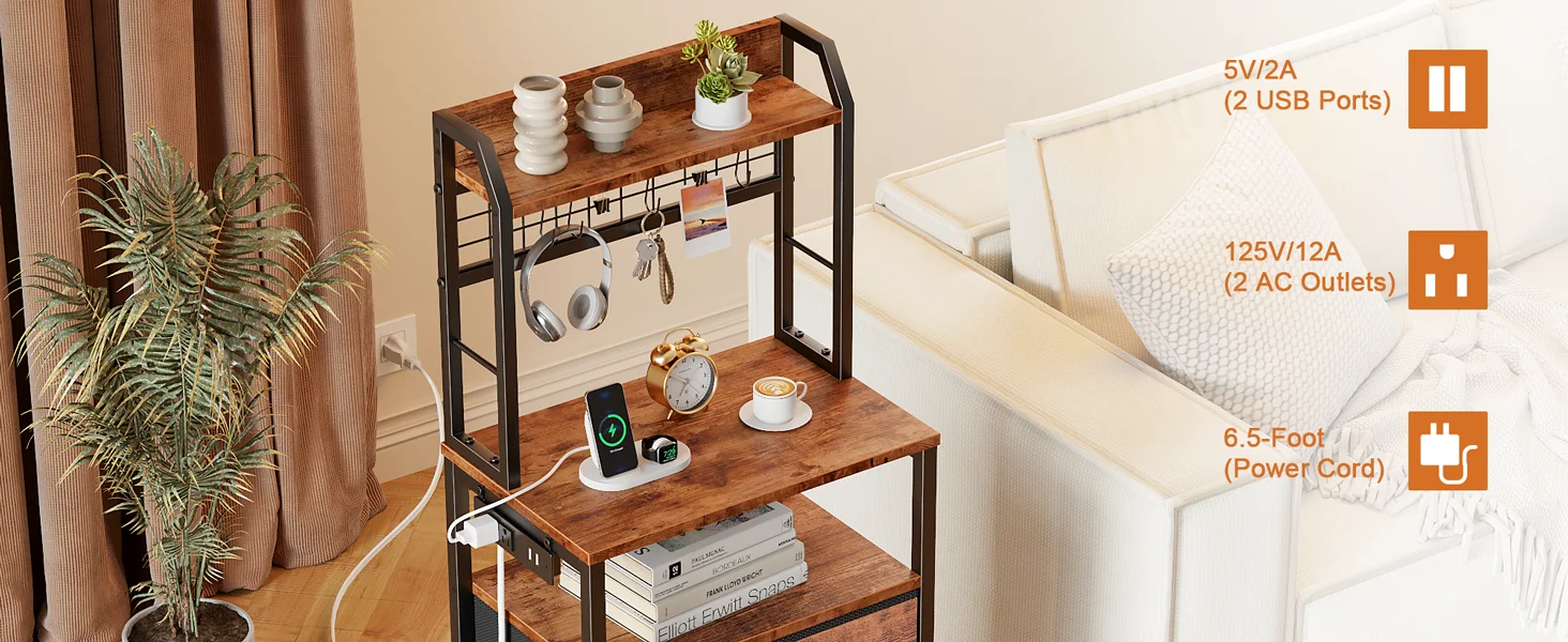 44'' Tall Nightstand with Charging Station, Bedside Table with LED Lights, End Table with 3 Drawers and Storage Shelves, Night S