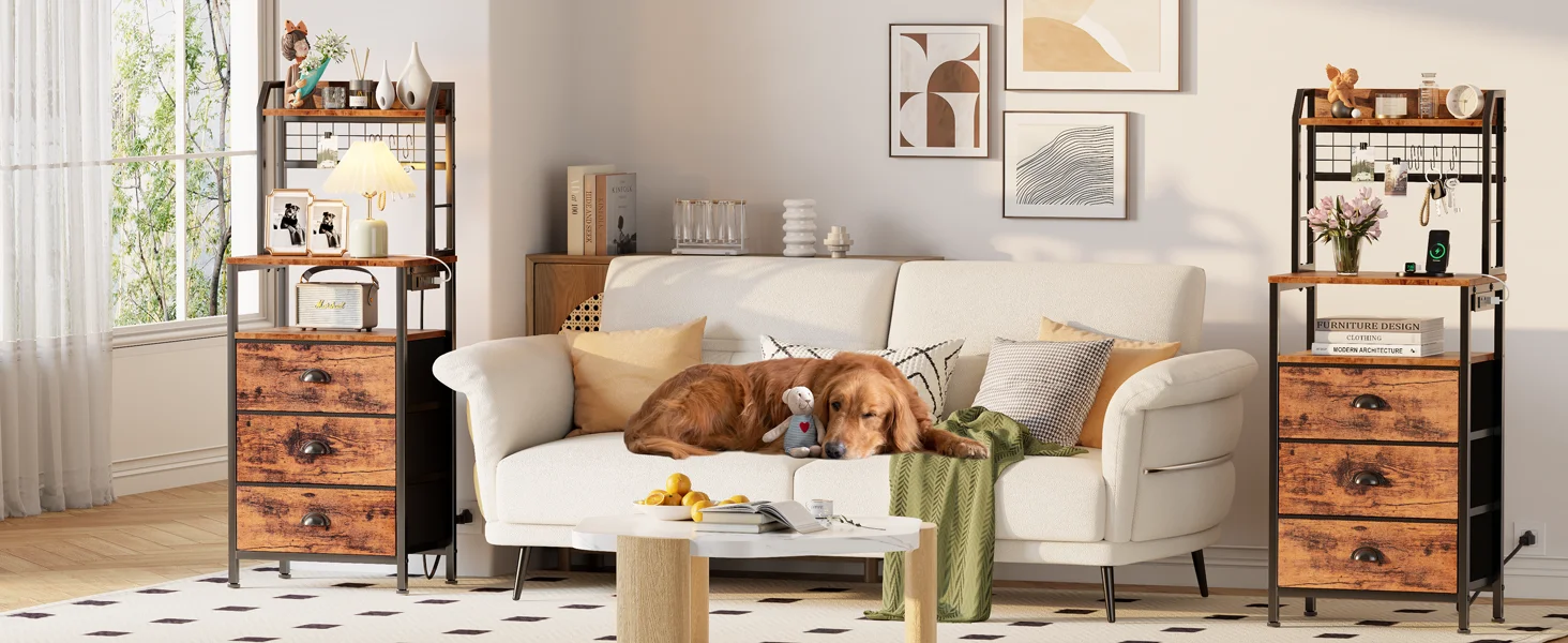 44'' Tall Nightstand with Charging Station, Bedside Table with LED Lights, End Table with 3 Drawers and Storage Shelves, Night S