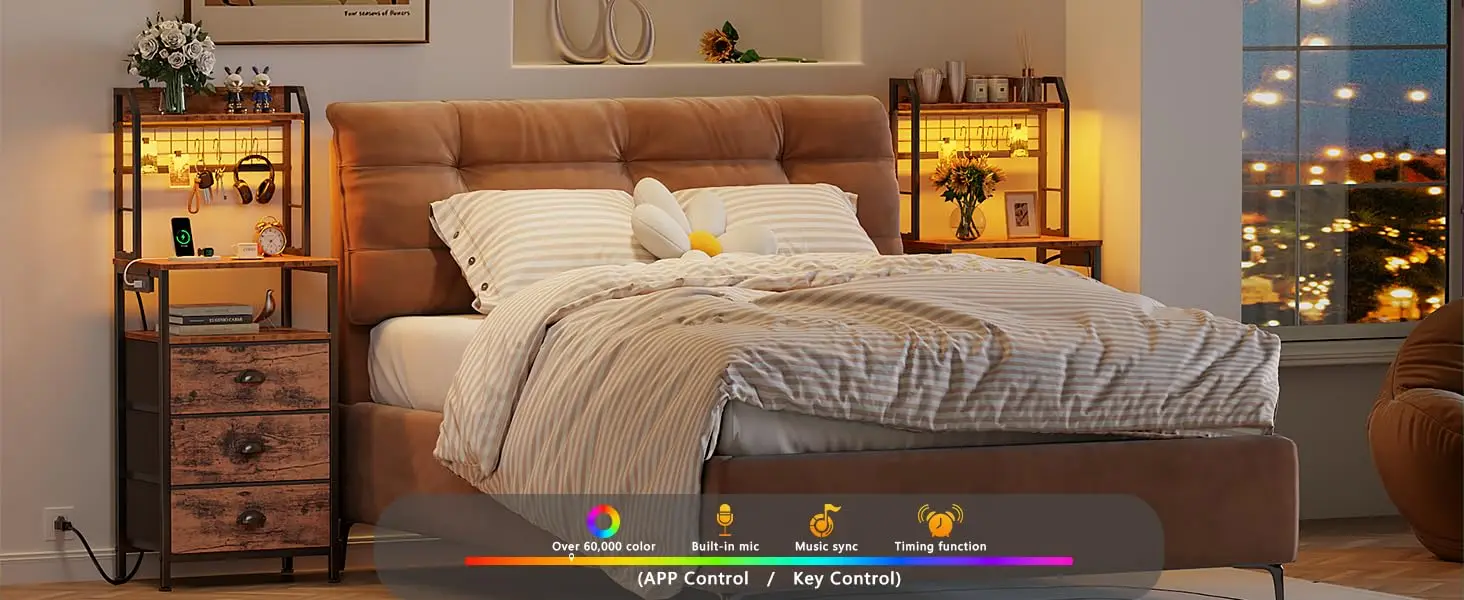 44'' Tall Nightstand with Charging Station, Bedside Table with LED Lights, End Table with 3 Drawers and Storage Shelves, Night S