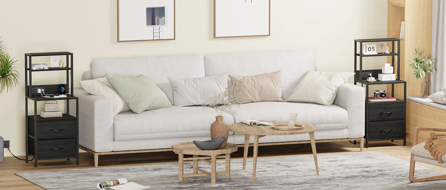 Night Stand, Tall Nightstand with 4-Tier Shelves and 3 Fabric Drawers, LED Bed Side Tables with Charging Station, Bedside Table Night Stand, Tall Nightstand with 4-Tier Shelves and 3 Fabric Drawers, LED Bed Side Tables with Charging Station, Bedside Table