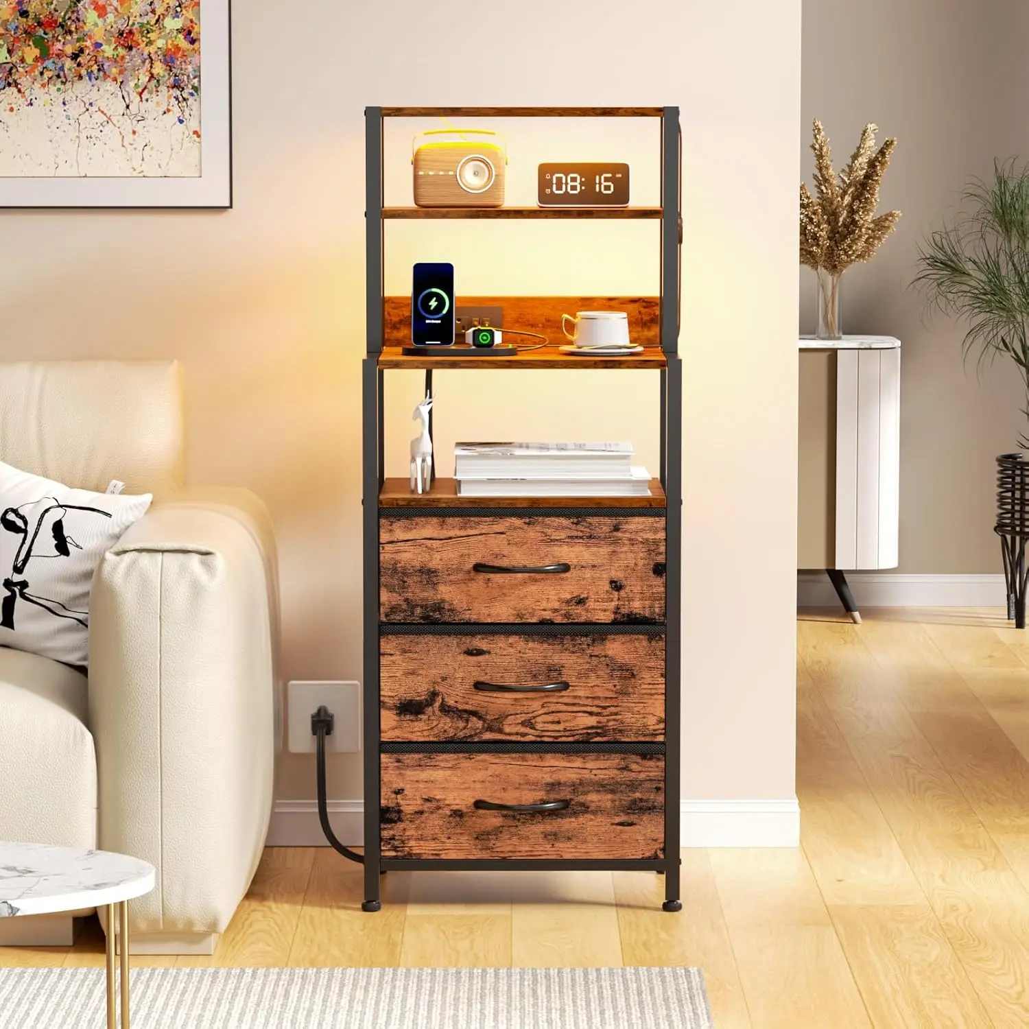 Night Stand, Tall Nightstand with 4-Tier Shelves and 3 Fabric Drawers, LED Bed Side Tables with Charging Station, Bedside Table